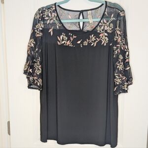 Perseption Black Top with Pink Floral Embroidery Plus Size 1X